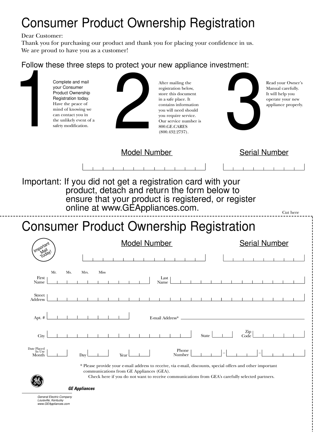 GE JKS06-27 Single Wall Oven owner manual Consumer Product Ownership Registration 