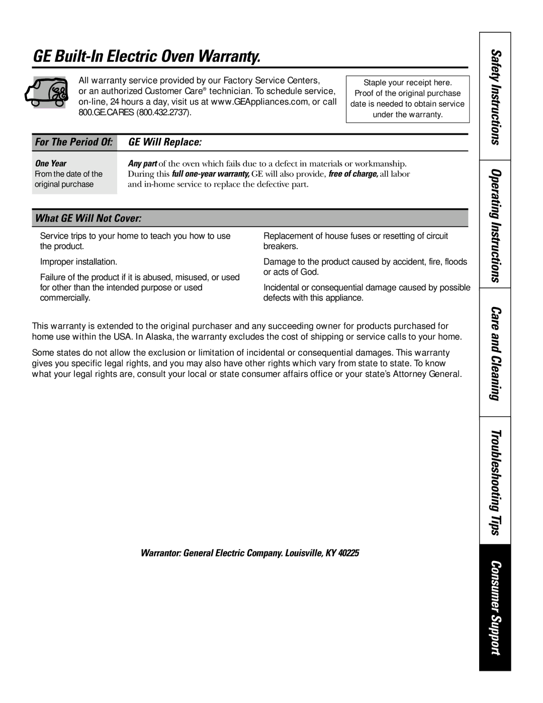 GE JKS06-27 Single Wall Oven GE Built-In Electric Oven Warranty, Cleaning Troubleshooting Tips Consumer Support 