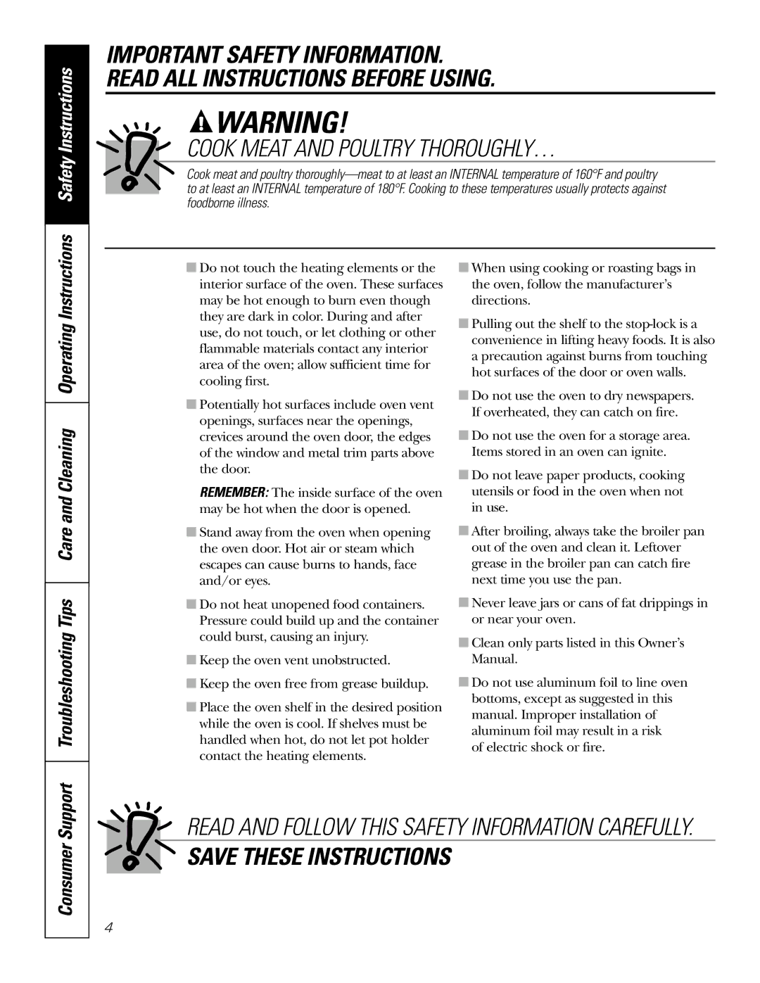 GE JKS06-27 Single Wall Oven owner manual Cook Meat and Poultry THOROUGHLY…, Consumer 