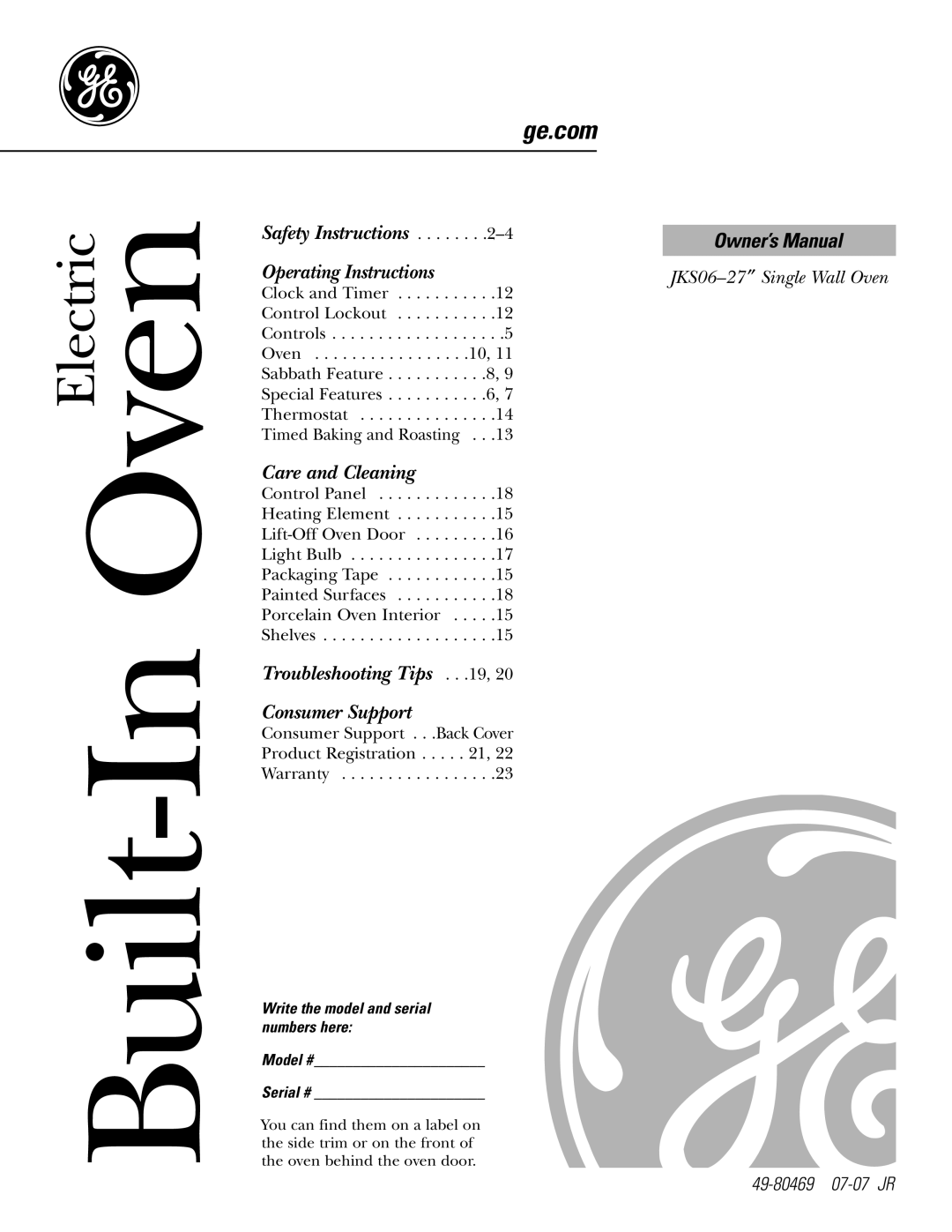 GE JKS06 owner manual Built-In Oven, Write the model and serial numbers here Model # Serial # 