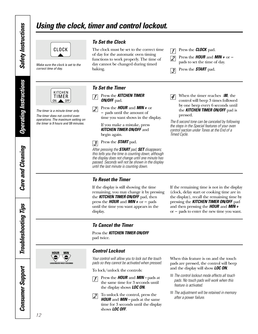 GE JKS06 owner manual Using the clock, timer and control lockout, Tips Care, Cleaning, Troubleshooting 