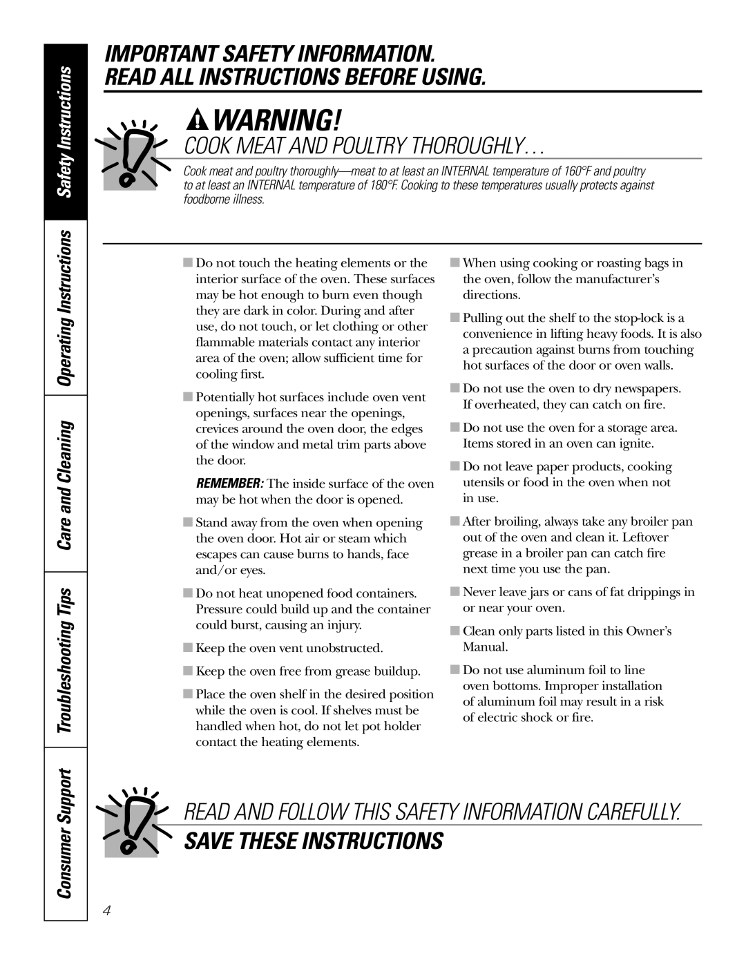 GE JKS06 owner manual Cook Meat and Poultry THOROUGHLY…, Consumer 