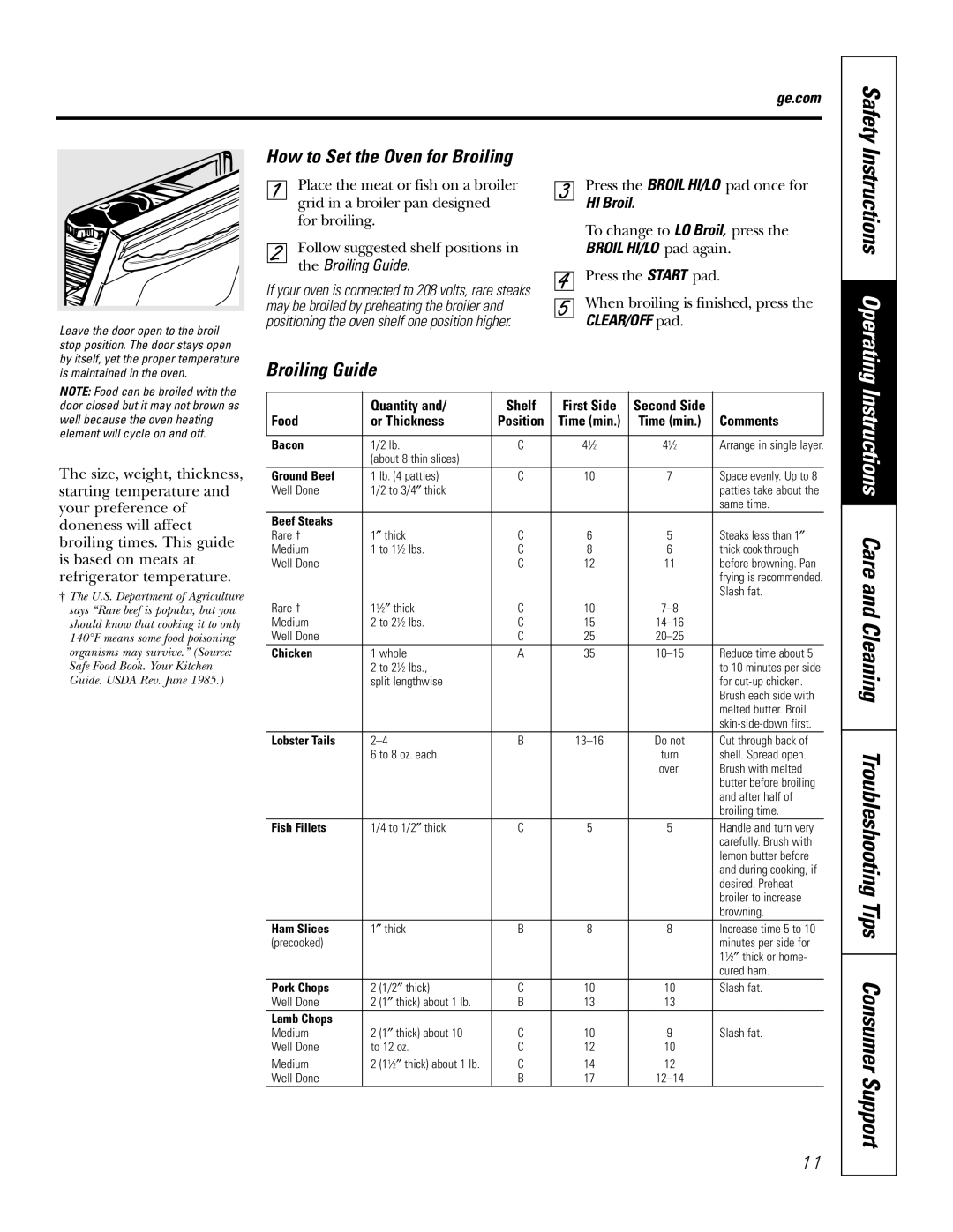 GE JKS06 How to Set the Oven for Broiling, Instructions Operating, Safety, the Broiling Guide, Quantity and, Shelf 