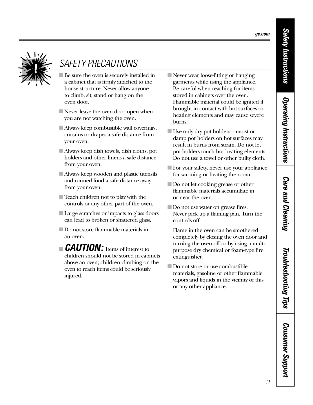 GE JKS06 owner manual Safety Precautions, Do not store flammable materials in an oven 