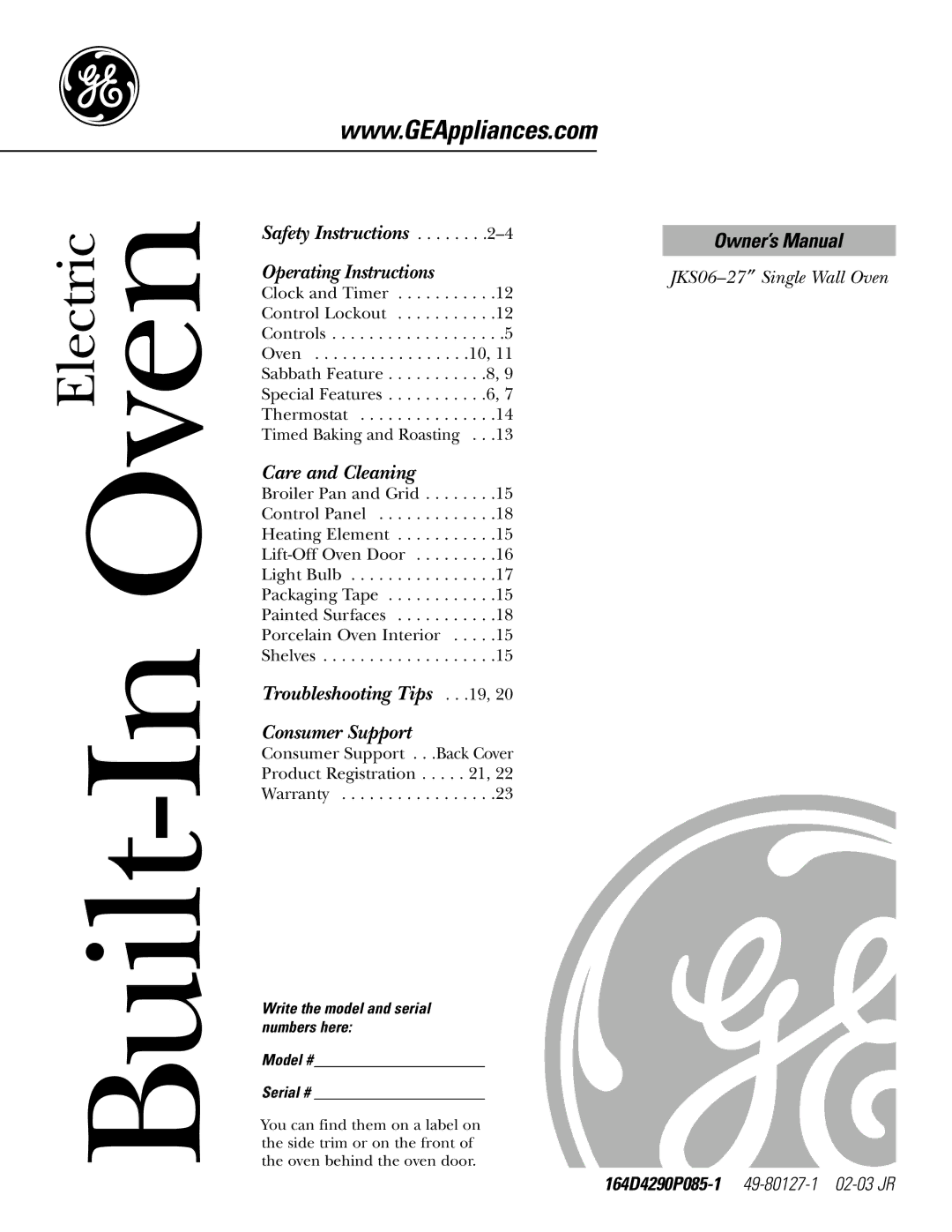 GE JKS0627 owner manual Built-In Oven, Write the model and serial numbers here Model # Serial # 