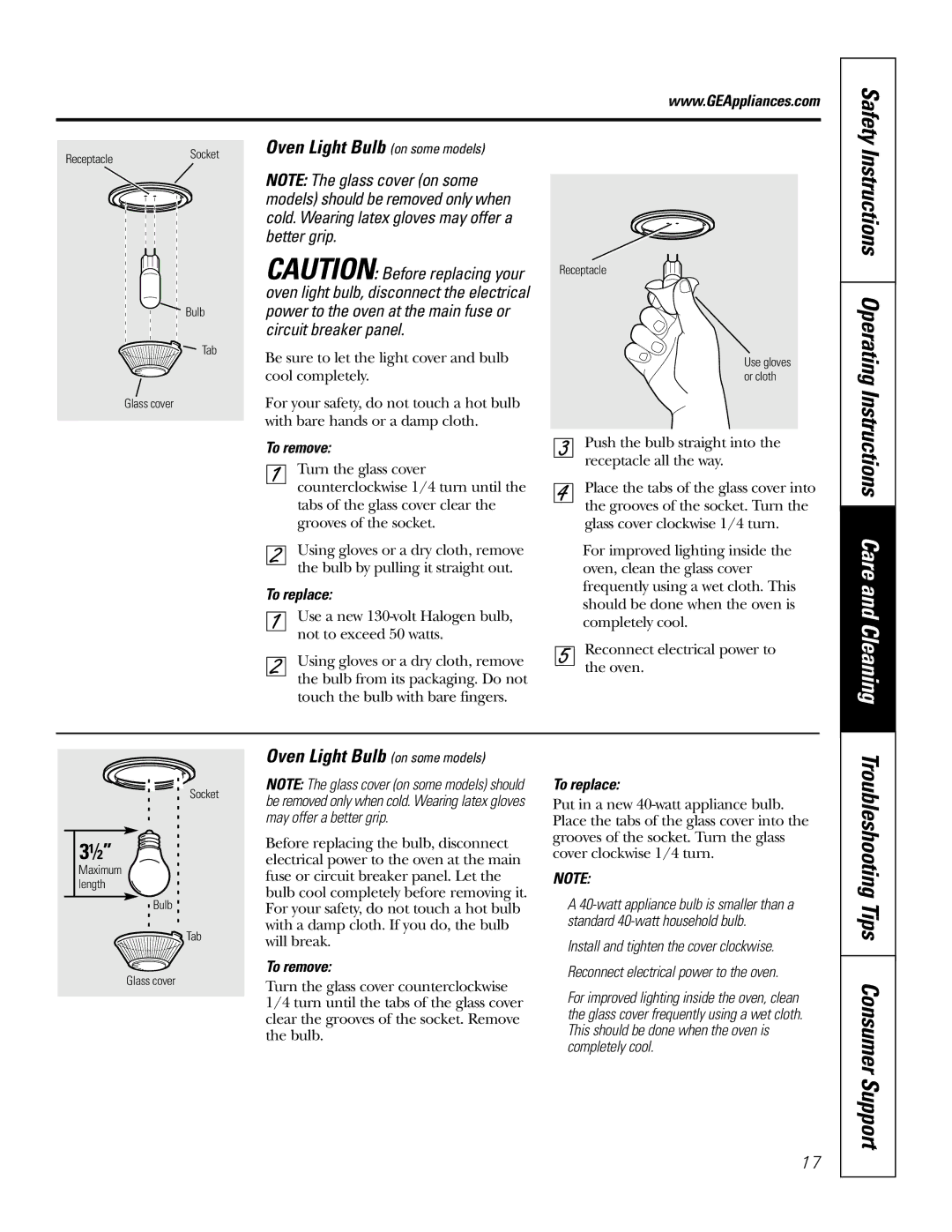 GE JKS0627 Instructions Operating, Instructions Care and Cleaning, Oven Light Bulb on some models, To remove, To replace 