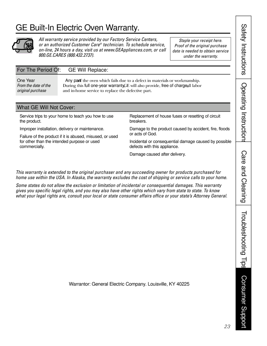 GE JKS0627 GE Built-In Electric Oven Warranty, Cleaning Troubleshooting Tips Consumer Support, Instructions Care 