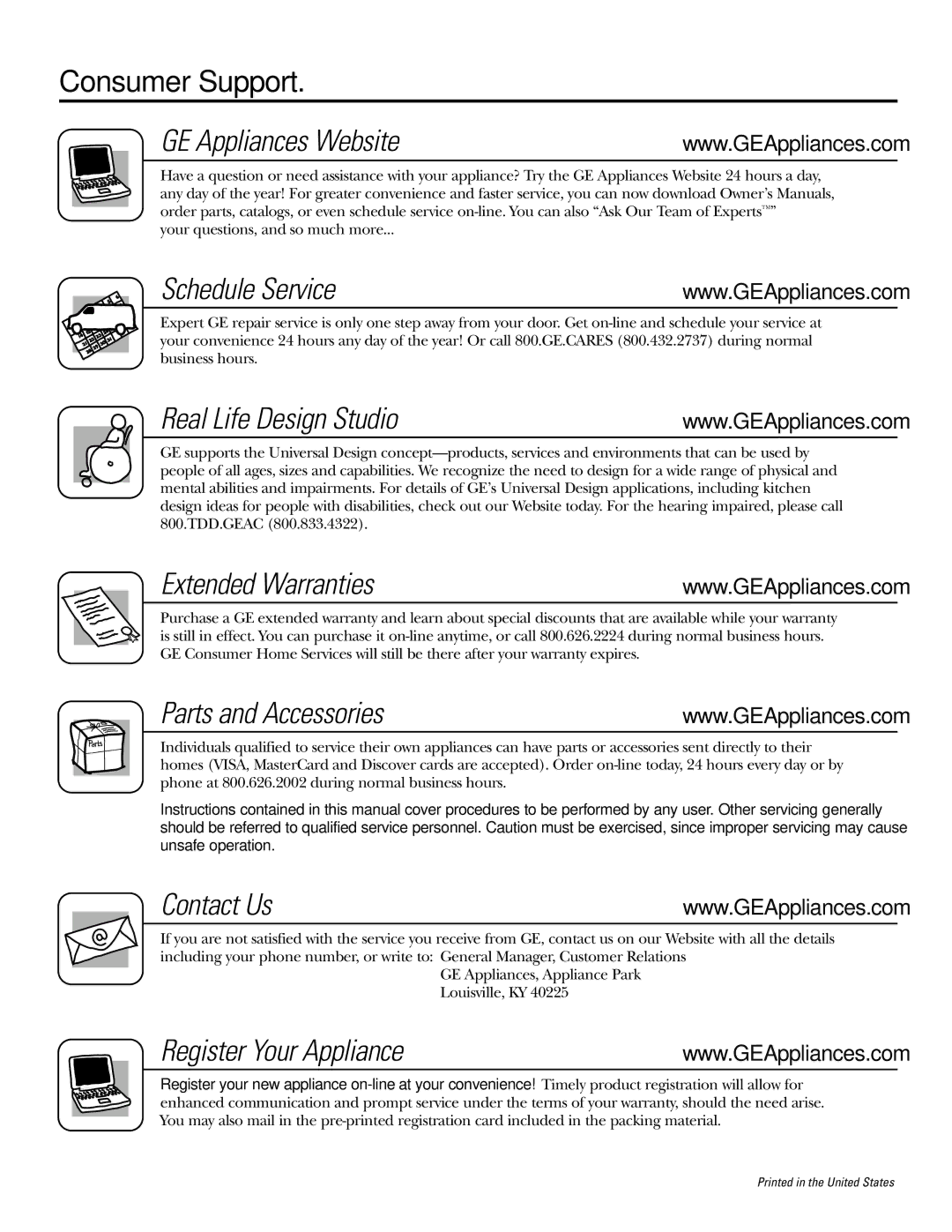 GE JKS0627 Consumer Support GE Appliances Website, Schedule Service, Real Life Design Studio, Extended Warranties 