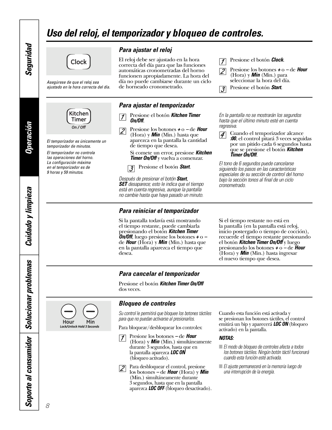 GE JKS1027 owner manual Uso del reloj, el temporizador y bloqueo de controles, Limpieza, Soporte al consumidor Solucionar 