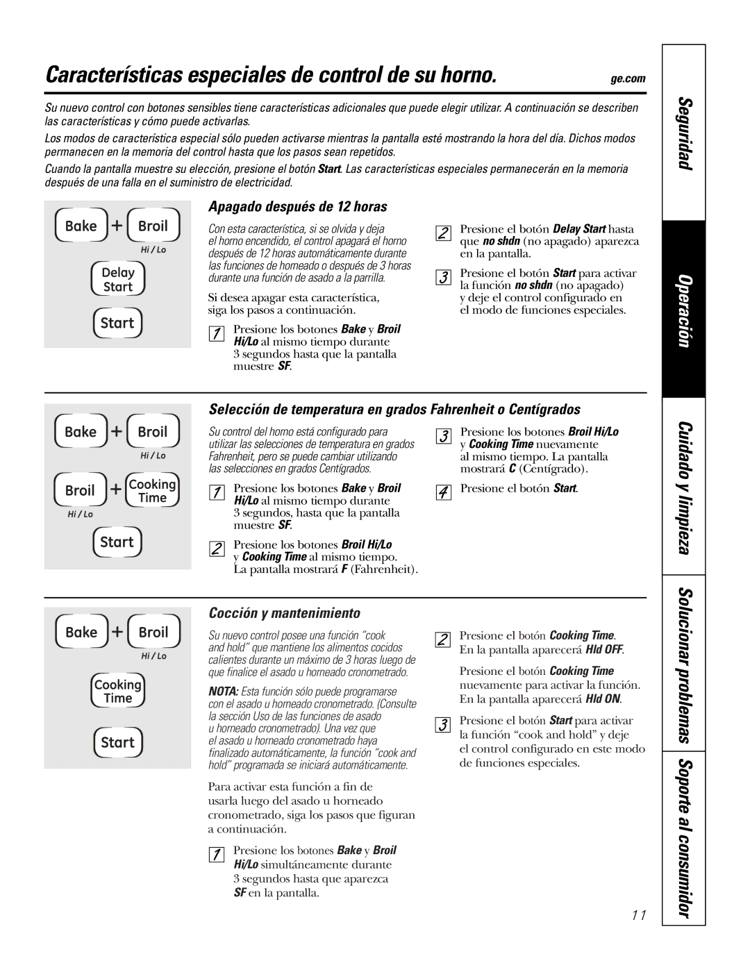 GE JKS1027 Características especiales de control de su horno, Apagado después de 12 horas, Cocción y mantenimiento 