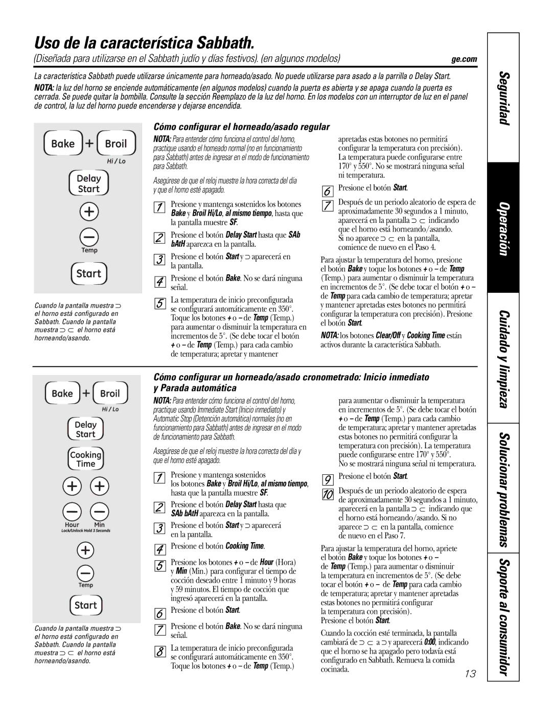 GE JKS1027 owner manual Uso de la característica Sabbath, Cómo configurar el horneado/asado regular 