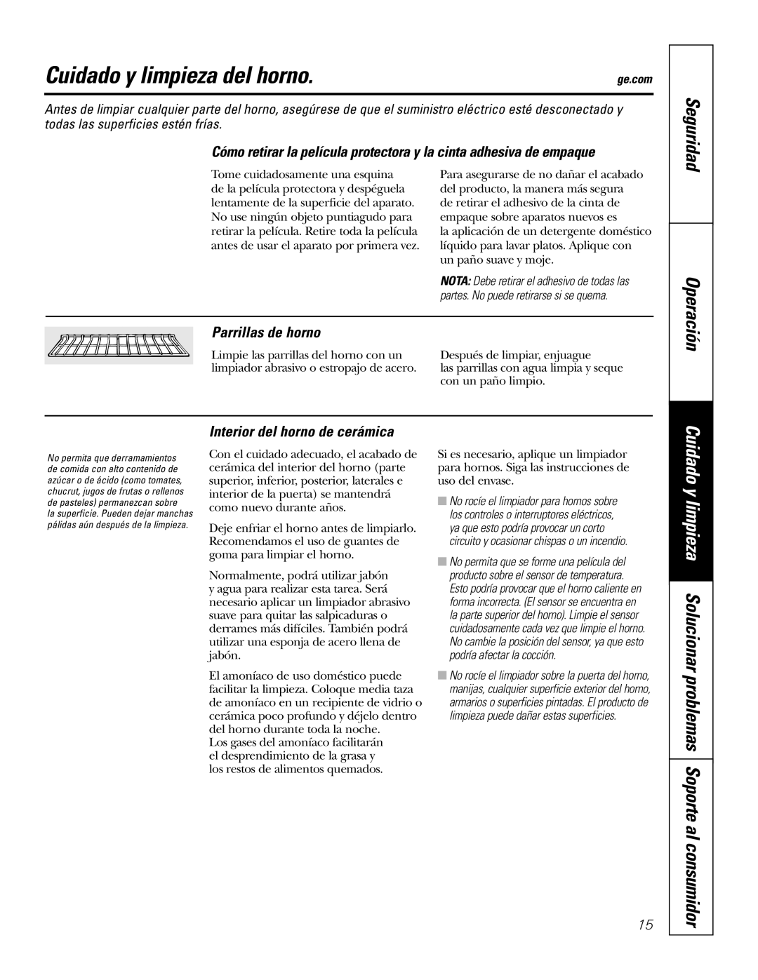 GE JKS1027 owner manual Cuidado y limpieza del horno, Seguridad, Parrillas de horno, Interior del horno de cerámica 