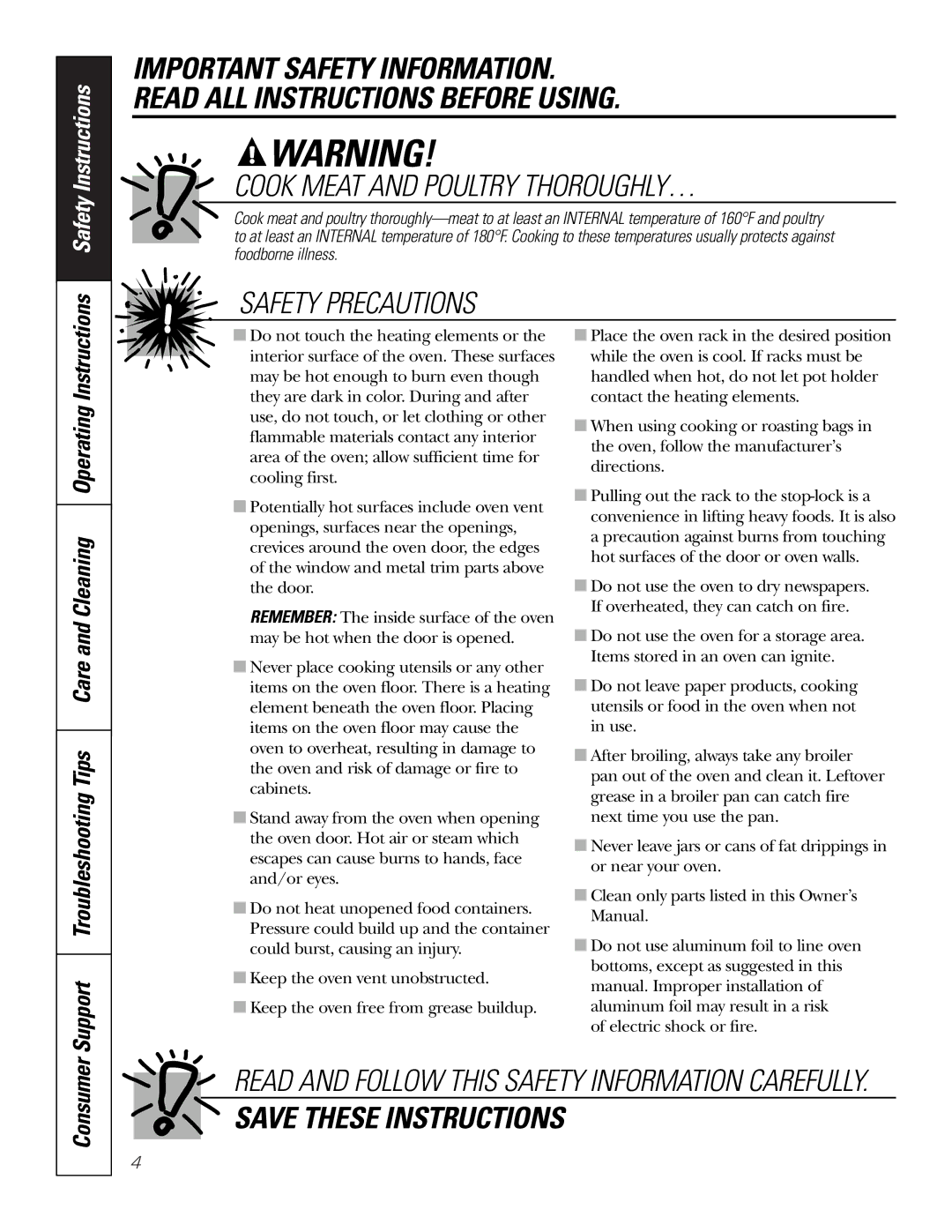 GE JKS1027 owner manual Cook Meat and Poultry THOROUGHLY…, Consumer 