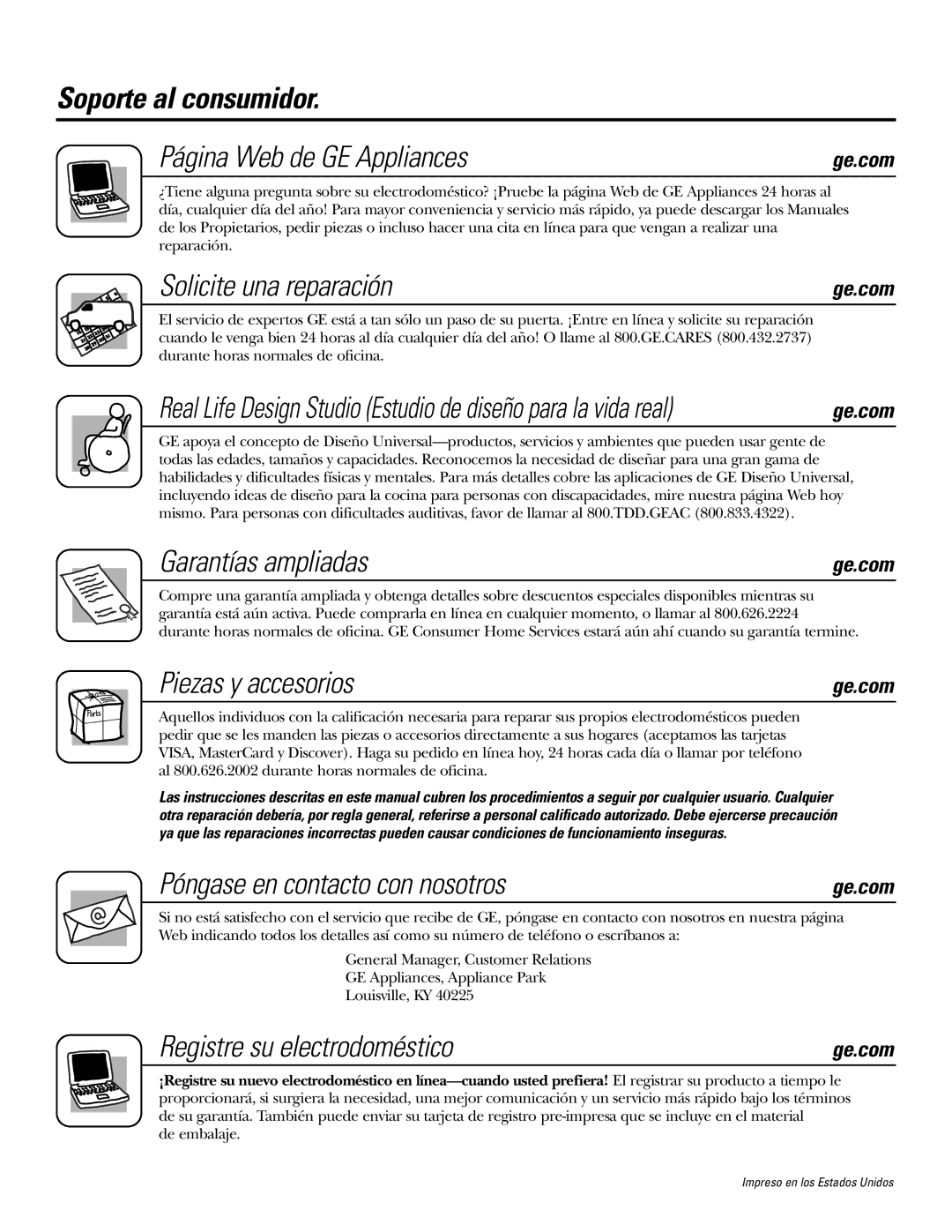 GE JKS1027 owner manual Soporte al consumidor Página Web de GE Appliances, Solicite una reparación, Garantías ampliadas 