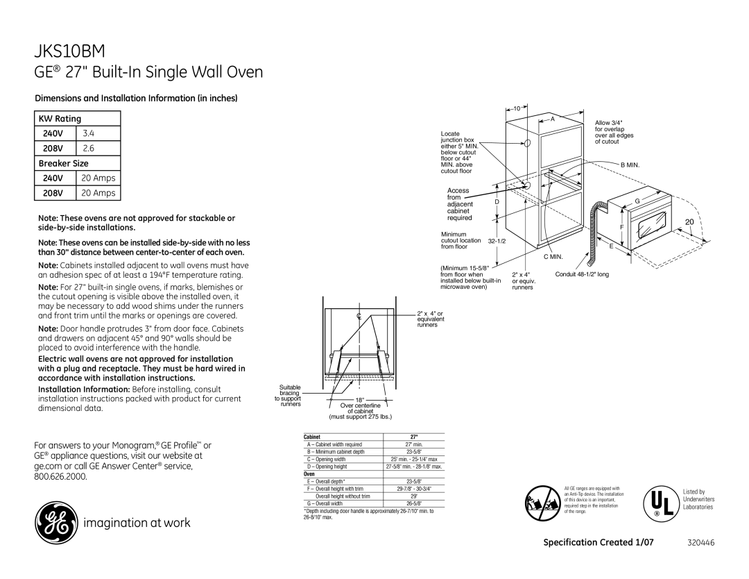 GE JKS10BM dimensions GE 27 Built-In Single Wall Oven, Access from Adjacent D cabinet required, Cabinet 