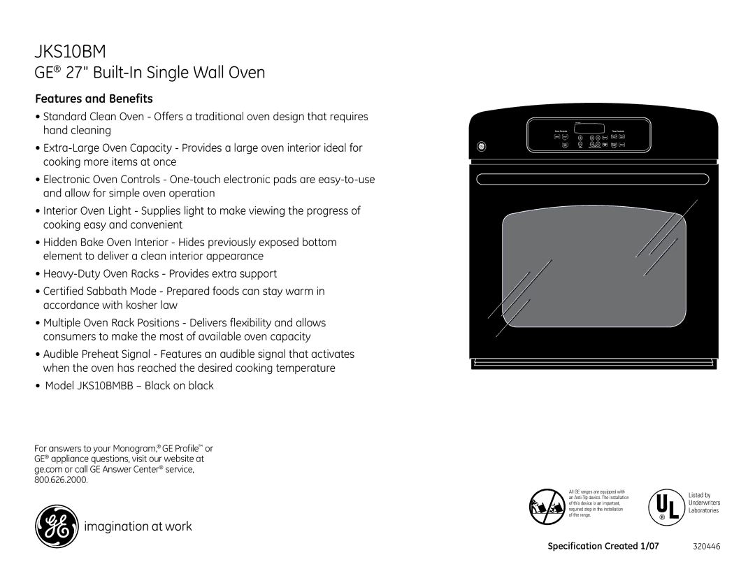 GE dimensions Features and Benefits, Model JKS10BMBB Black on black 