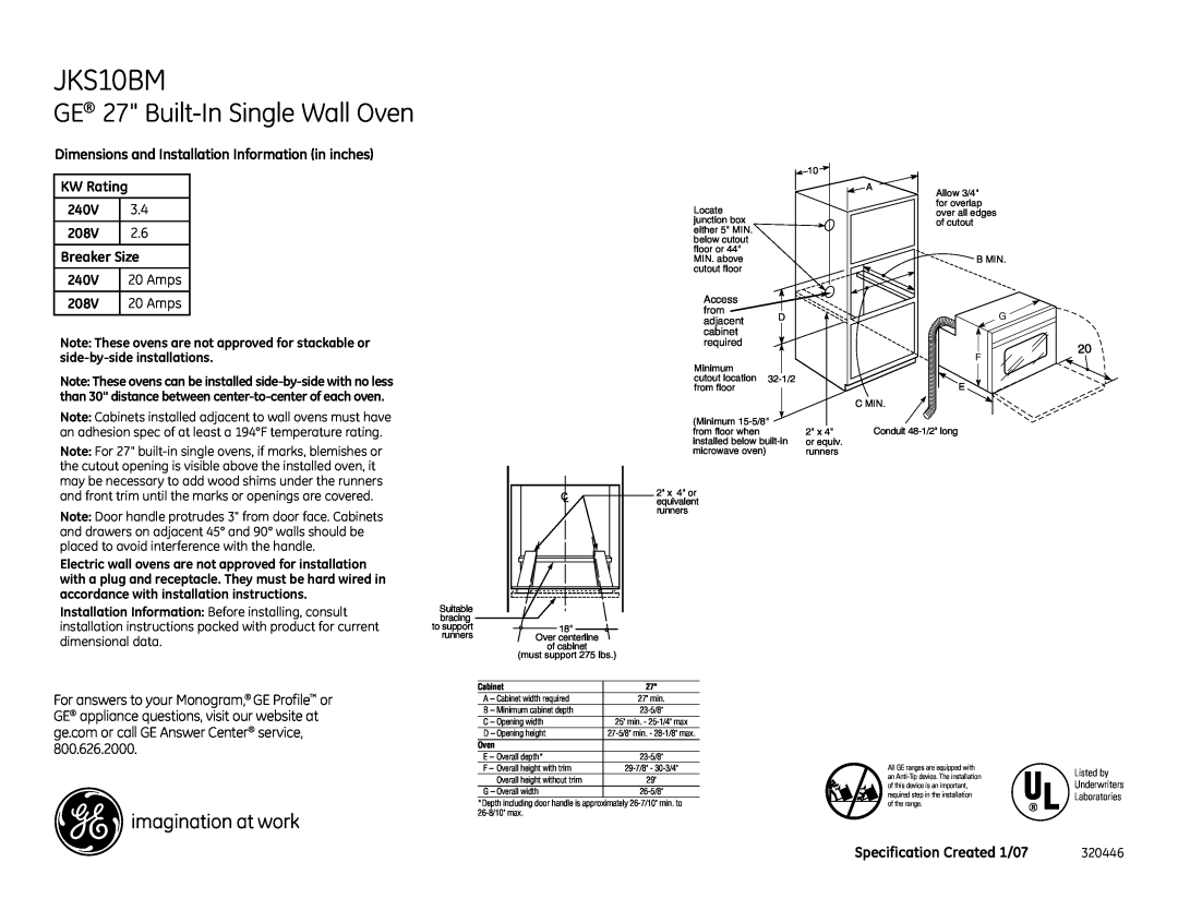 GE JKS10BM dimensions GE 27 Built-InSingle Wall Oven 