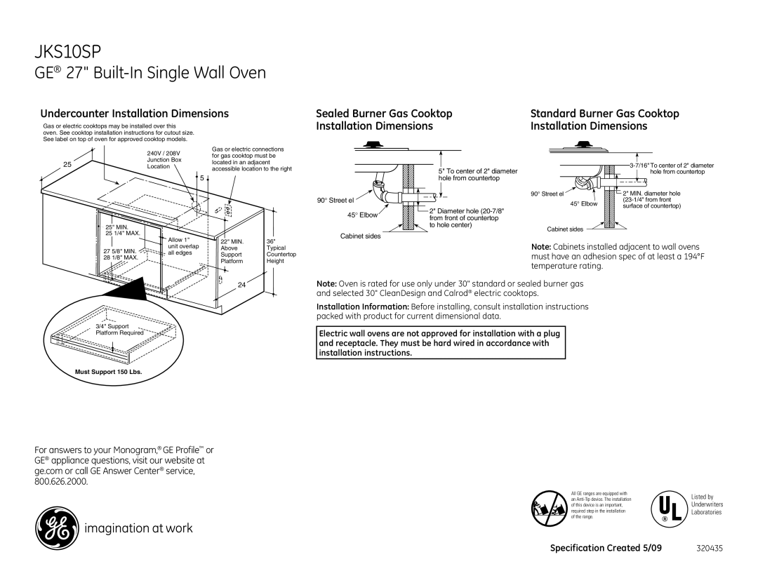 GE JKS10SPSS dimensions Undercounter Installation Dimensions, Sealed Burner Gas Cooktop 