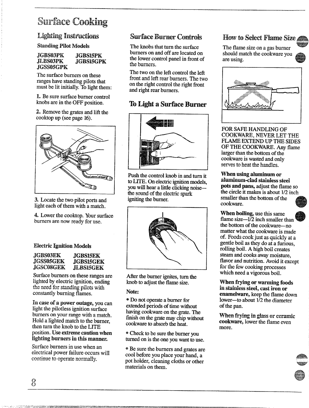 GE JGBS15GPK, JLBS03PK, JGBS15PK Lighti~ImtFuctiom SurfaceBurnerControk, HOWh SelwtNme Sti, JG~suGPK, ToL@t a surfaceBurner 
