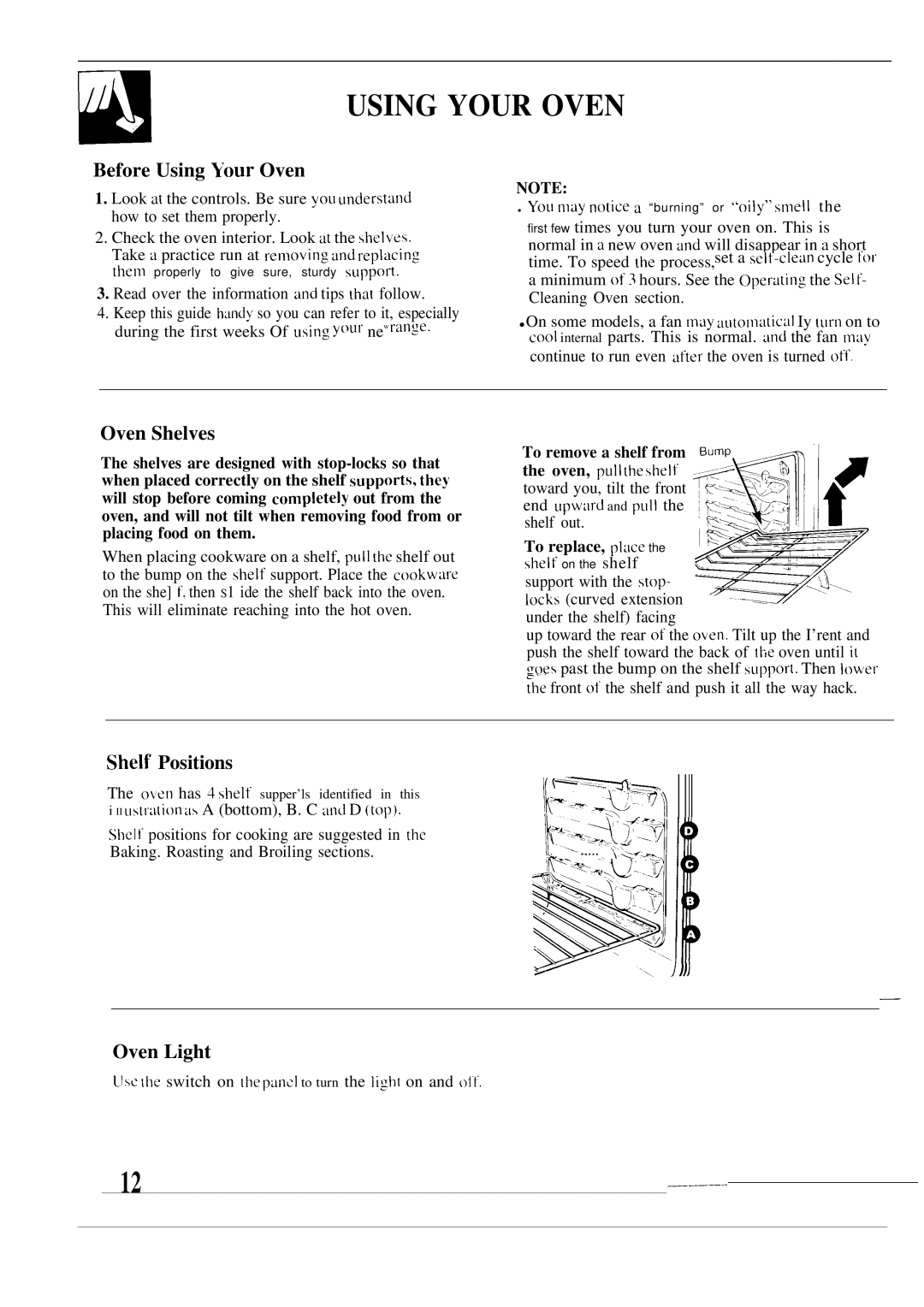 GE JMP28, JMP29, JMP31 warranty Using Your Oven, Before Using l’our Oven, Oven Shelves, Shelf Positions, Oven Light 