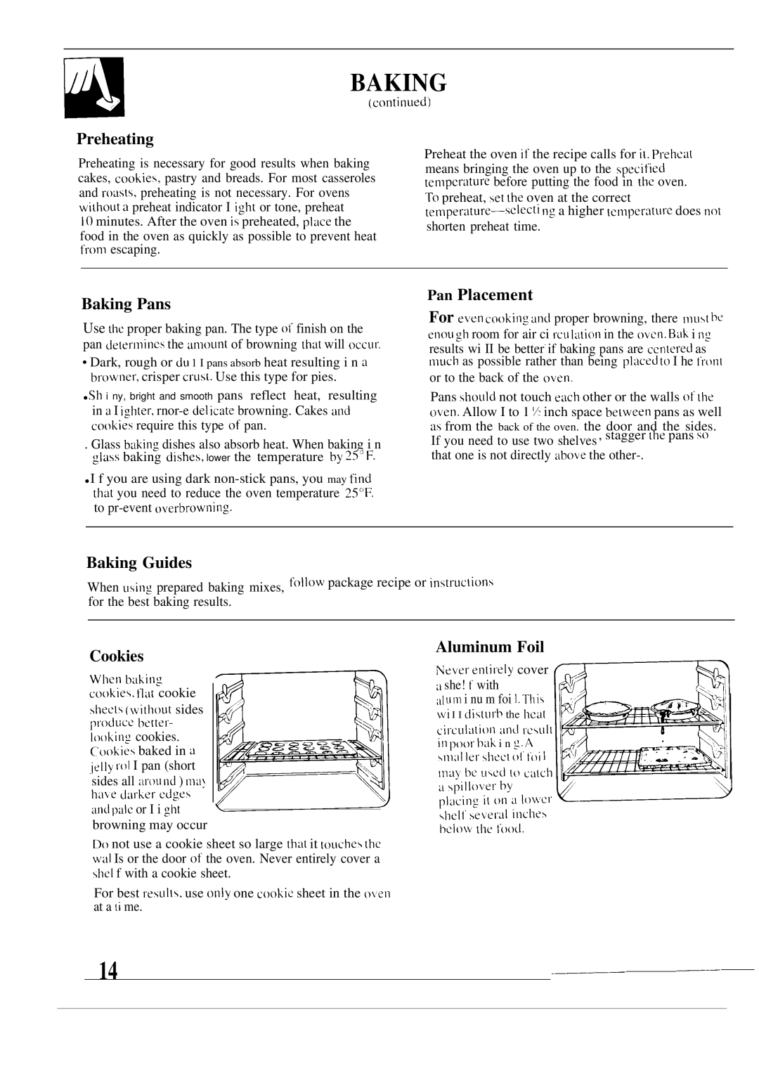 GE JMP31, JMP28, JMP29 warranty Preheating, Baking Pans, Pan Placement, Baking Guides, Cookies, Aluminum Foil 