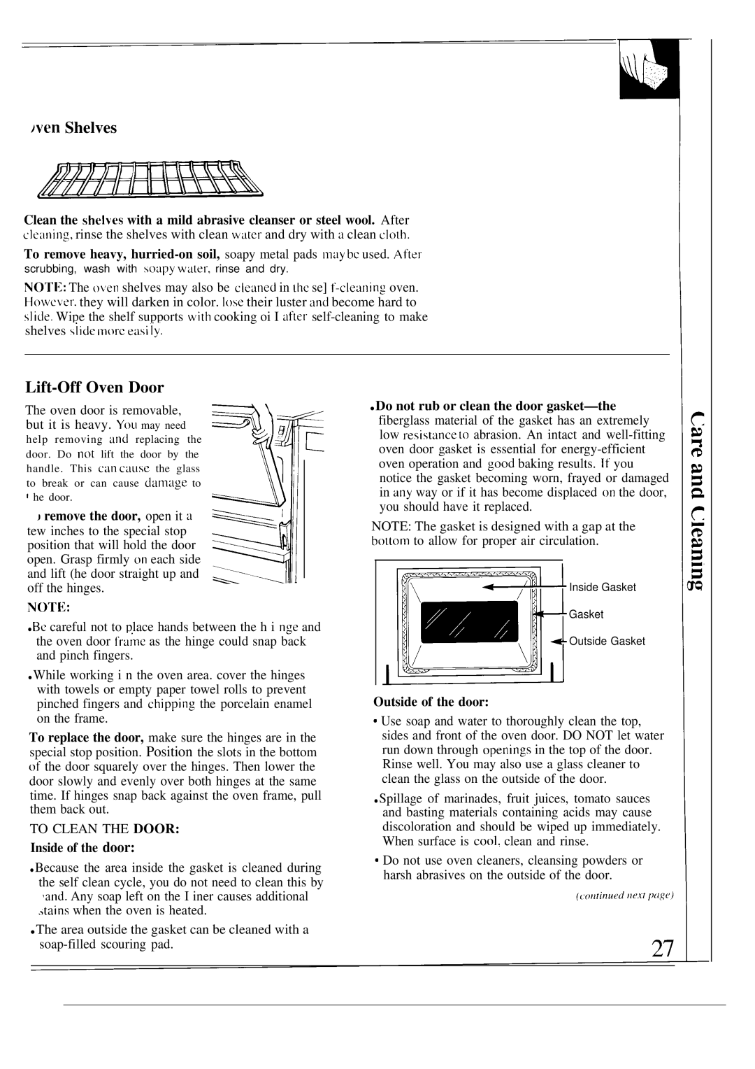 GE JMP28, JMP29, JMP31 warranty Ven Shelves, Lift-Off Oven Door, Inside of the door, Outside of the door 