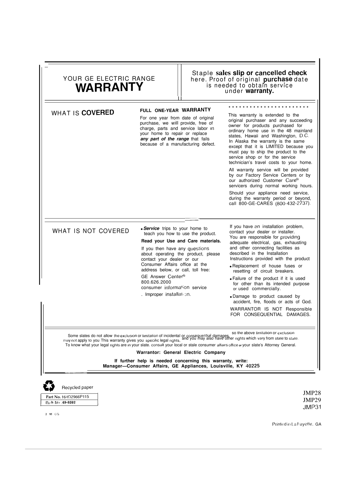 GE JMP31, JMP28, JMP29 warranty Warranty 