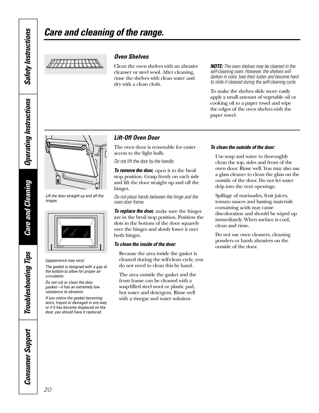 GE JMP28 owner manual Instructions Safety, Oven Shelves, Lift-Off Oven Door, To clean the inside of the door 