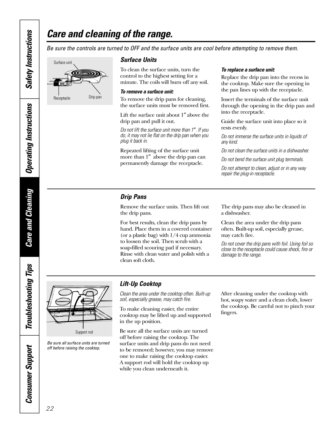 GE JMP28 owner manual Operating Instructions Safety, Tips Care and Cleaning, Surface Units, Drip Pans, Lift-Up Cooktop 