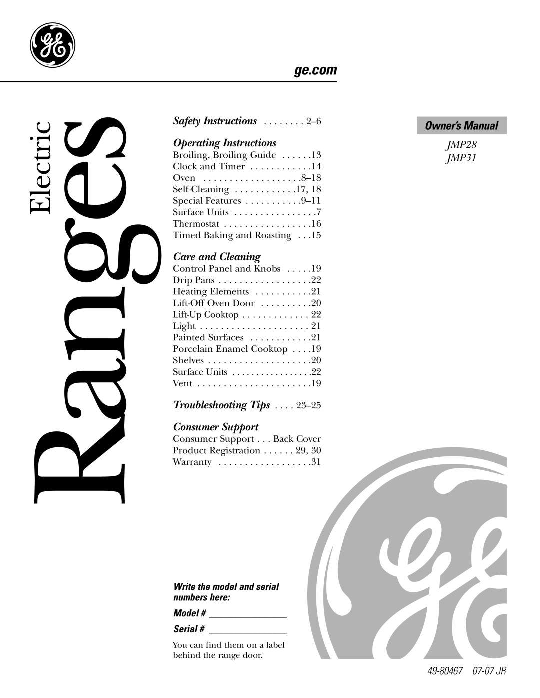 GE JMP31CLCC owner manual RangesElectric 