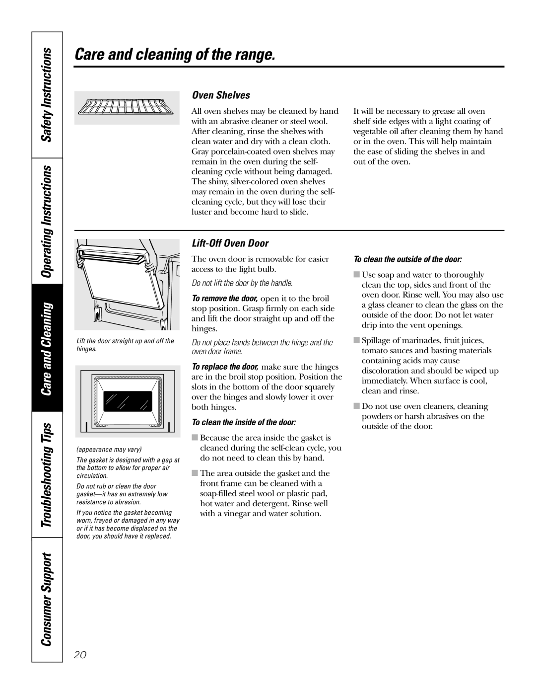 GE JMP31CLCC owner manual Instructions Safety, Oven Shelves, Lift-Off Oven Door, To clean the inside of the door 