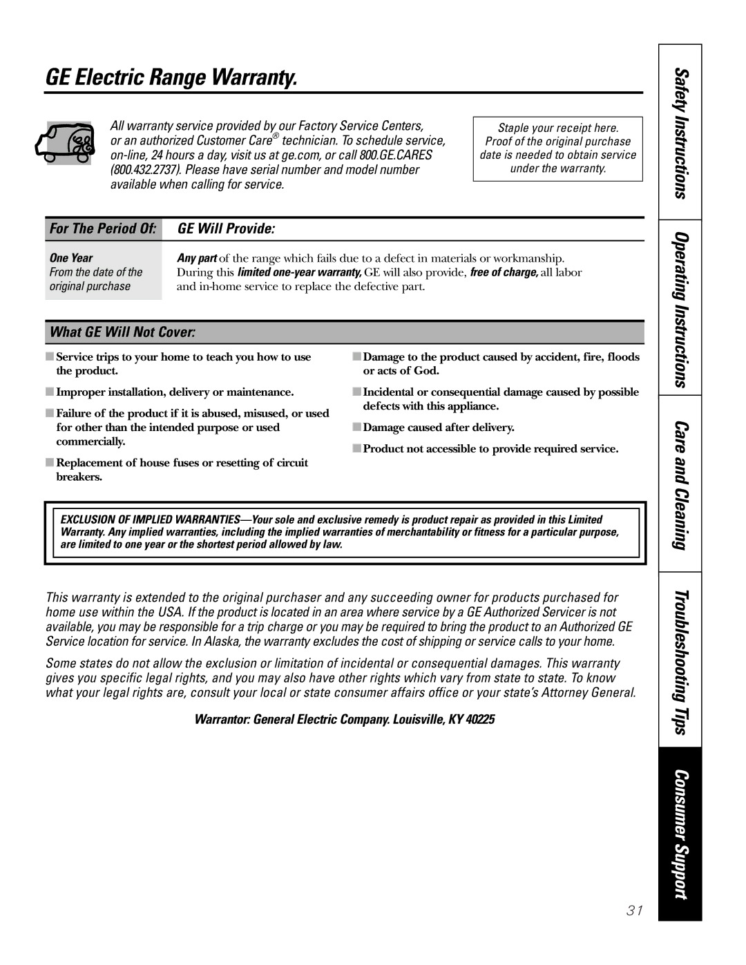 GE JMP31CLCC owner manual GE Electric Range Warranty, Care, Cleaning Troubleshooting Tips Consumer Support, GE Will Provide 