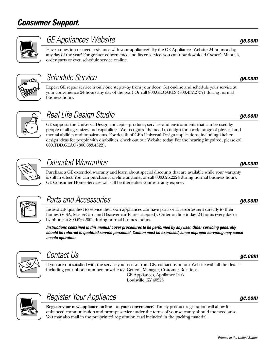 GE JMP31CLCC Consumer Support GE Appliances Website, Schedule Service, Real Life Design Studio, Extended Warranties 