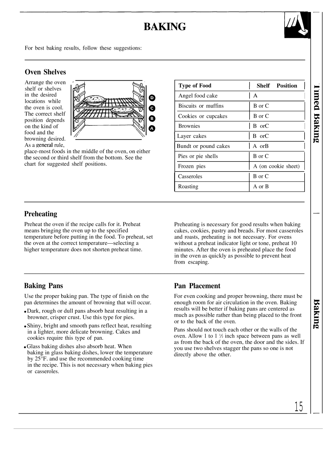 GE JMP29GR, JMP32AR, JMP31WR, JMP28GR manual Preheating, Baking Pans, Pan Placement, Type of Food Shelf Position 