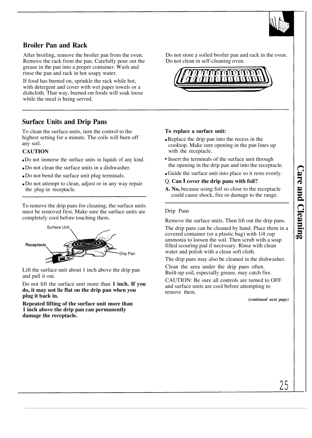 GE JMP31WR, JMP32AR, JMP28GR, JMP29GR manual Broiler Pan and Rack, Surface Units and Drip Pans, To replace a surface unit 