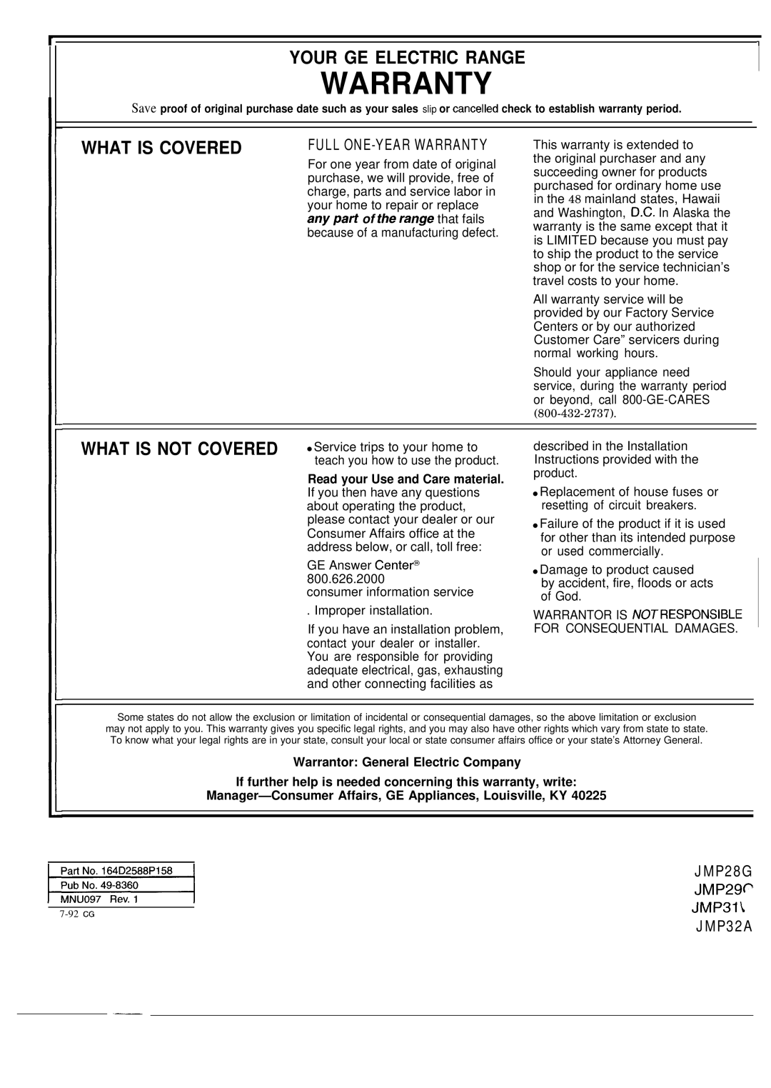 GE JMP32AR, JMP31WR, JMP28GR, JMP29GR manual Warranty 