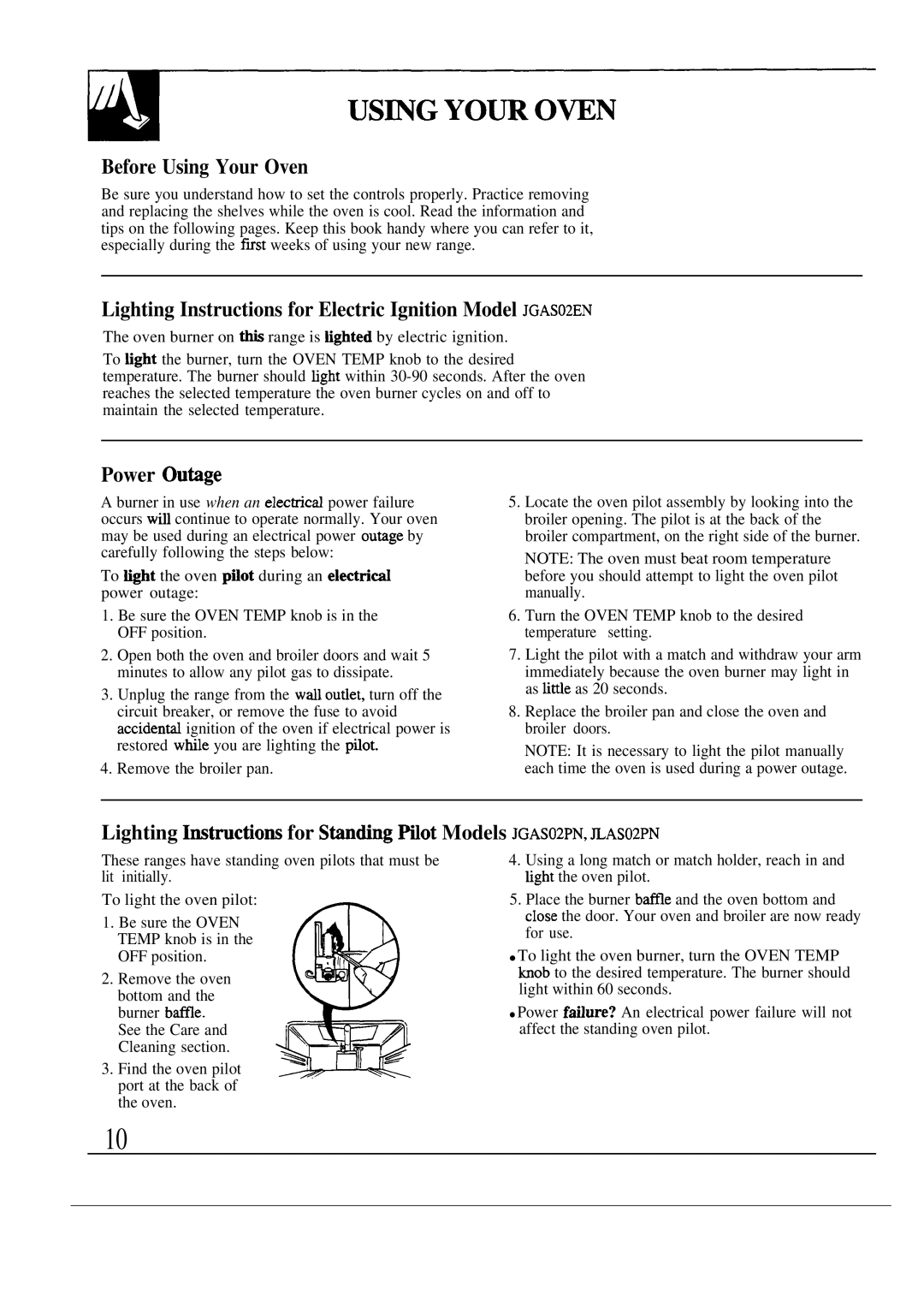 GE JMS02PN, JGAS02PN Before Using Your Oven, Lighting Instructions for Electric Ignition Model JGAS02EN, Power Outige 