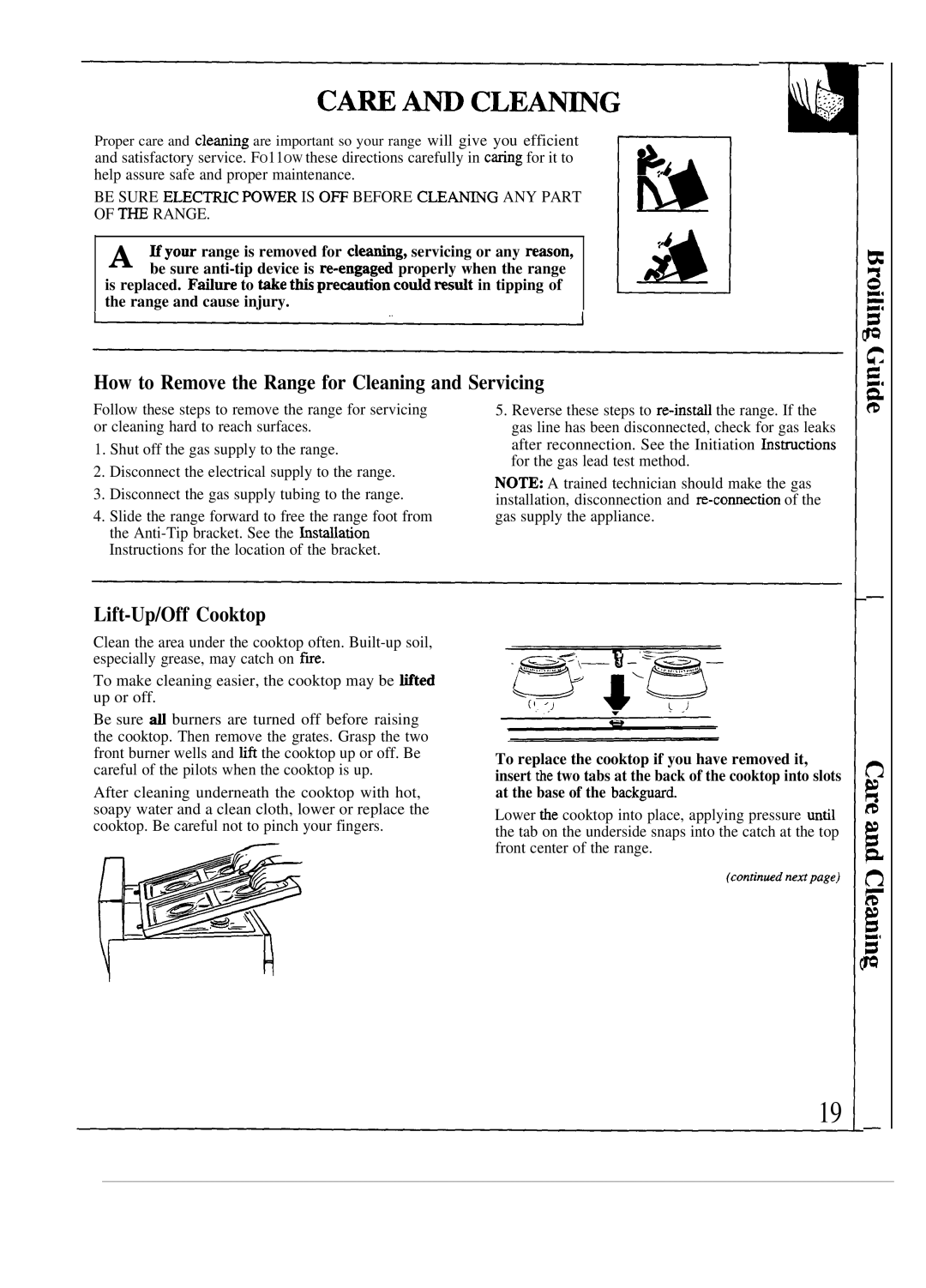 GE JGAS02EN, JMS02PN, JGAS02PN manual How to Remove the Range for Cleaning and Servicing, Lift-Up/Off Cooktop 