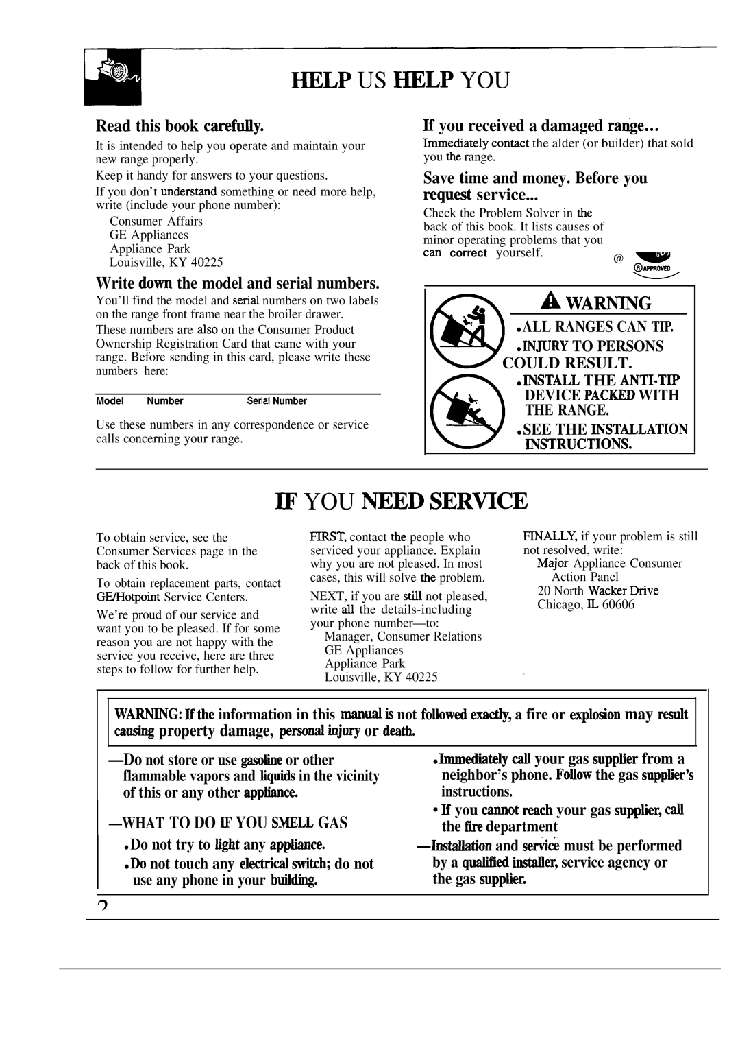 GE JGAS02PN, JMS02PN manual Read this book carefdy, Write dom the model and serial numbers, ~ you received a damaged rarige 