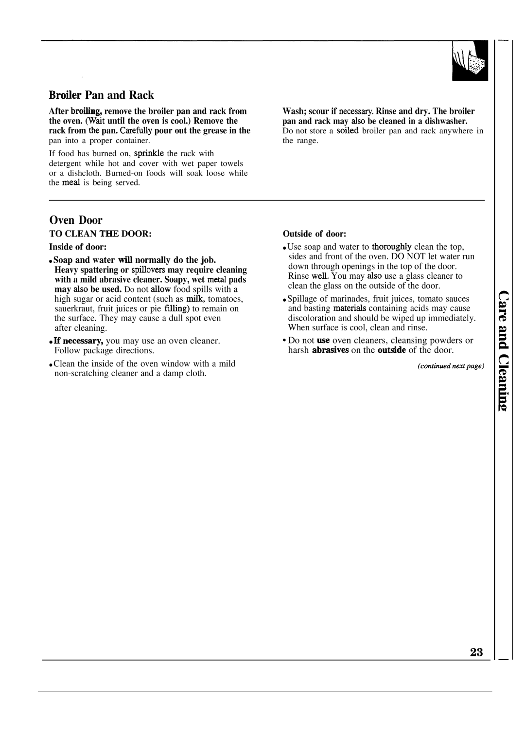 GE JGAS02PN manual Brofler Pan and Rack, Oven Door, Inside of door Soap and water ti normally do the job, Outside of door 