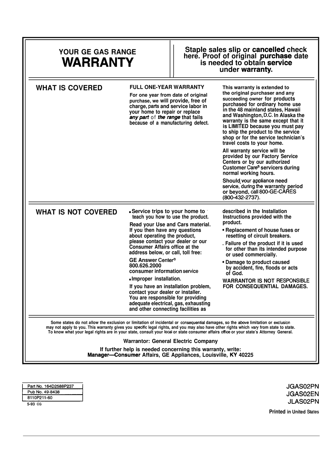 GE JMS02PN, JGAS02EN, JGAS02PN manual Warran~, 800~432-2737 