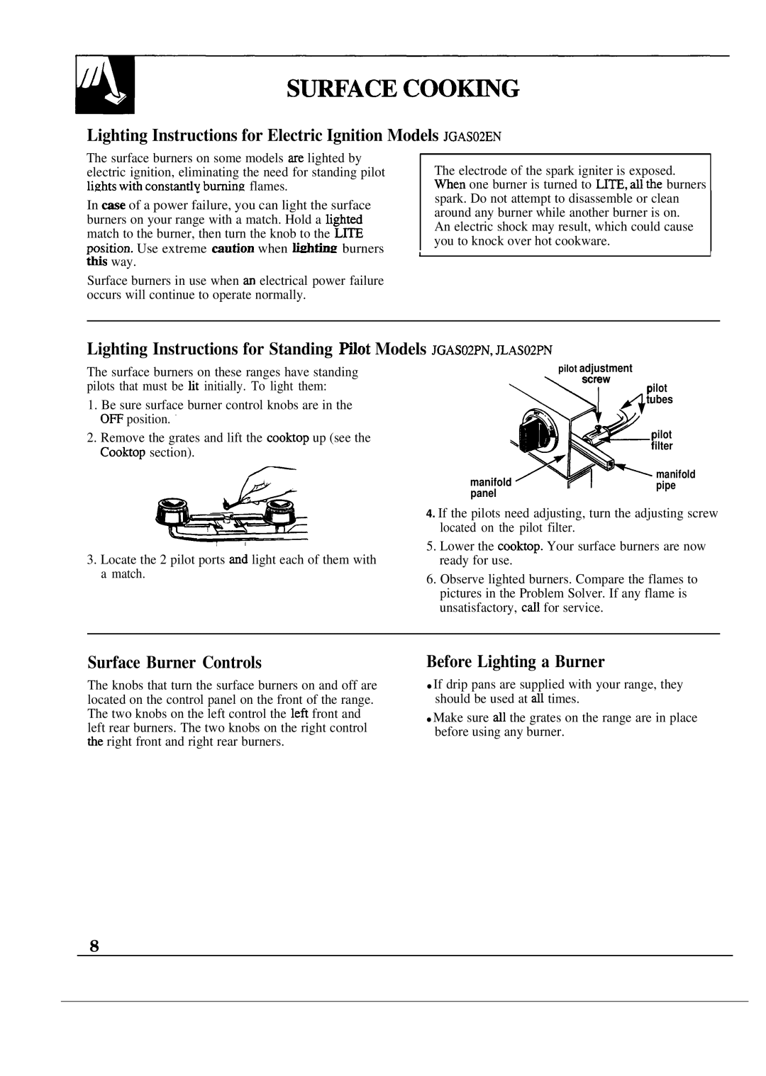 GE JGAS02PN Lighting Instructions for Electric Ignition Models JGAS02EN, Surface Burner Controls, Before Lighting a Burner 