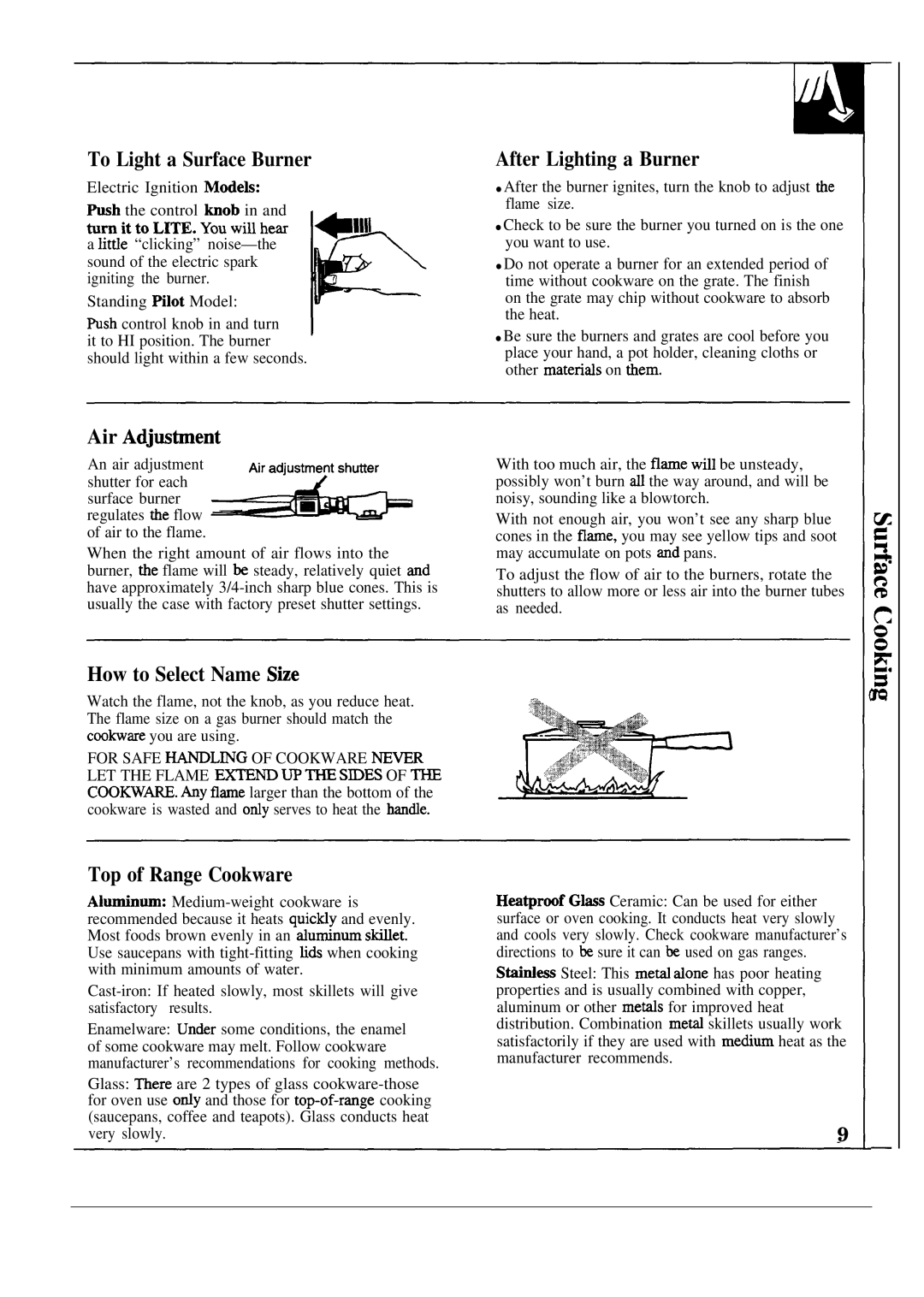 GE JMS02PN To Light a Surface Burner After Lighting a Burner, Air Adjw@ent, How to Select Name Sbe, Top of Range Cookware 