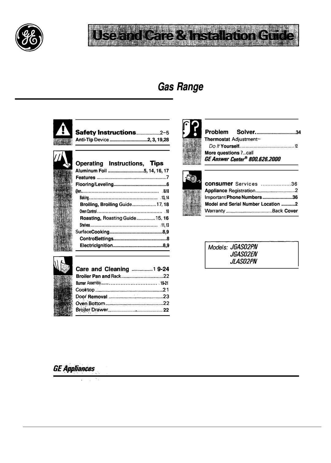 GE manual Gas Range, Models JGAS02PN JGAS02EN JMS02PN, Operating Instructions, Ttps, GEAnswer Cente~ 80~626.2000 