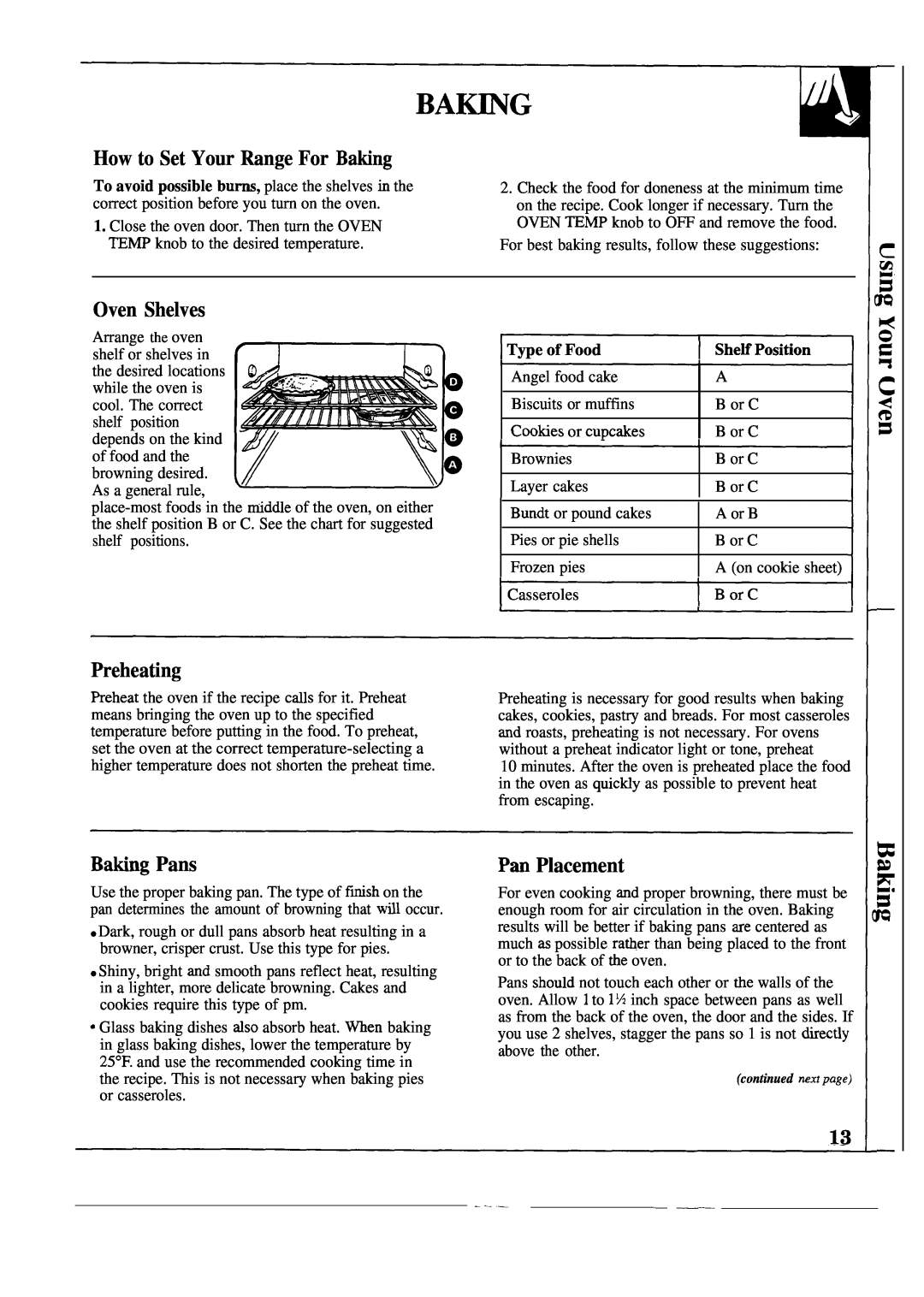 GE JGAS02EN, JMS02PN, JGAS02PN manual How to Set Your Range For Bating, Preheating, BaKng Pans, Pan Placement, Oven Shelves 