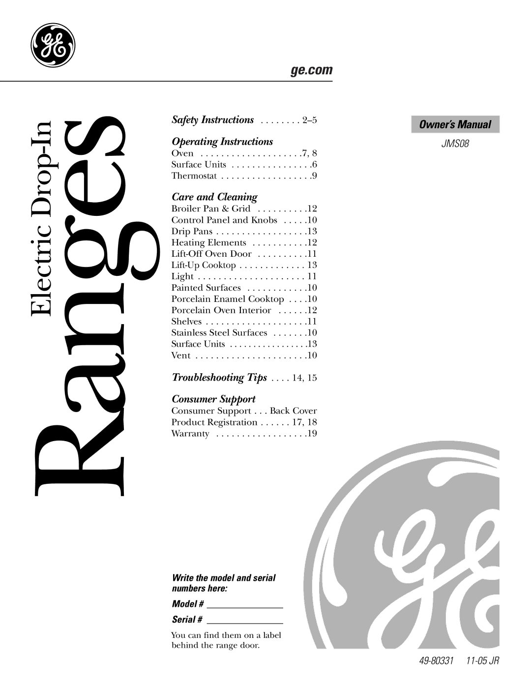 GE JMS08 owner manual RangesElectric Drop-In 