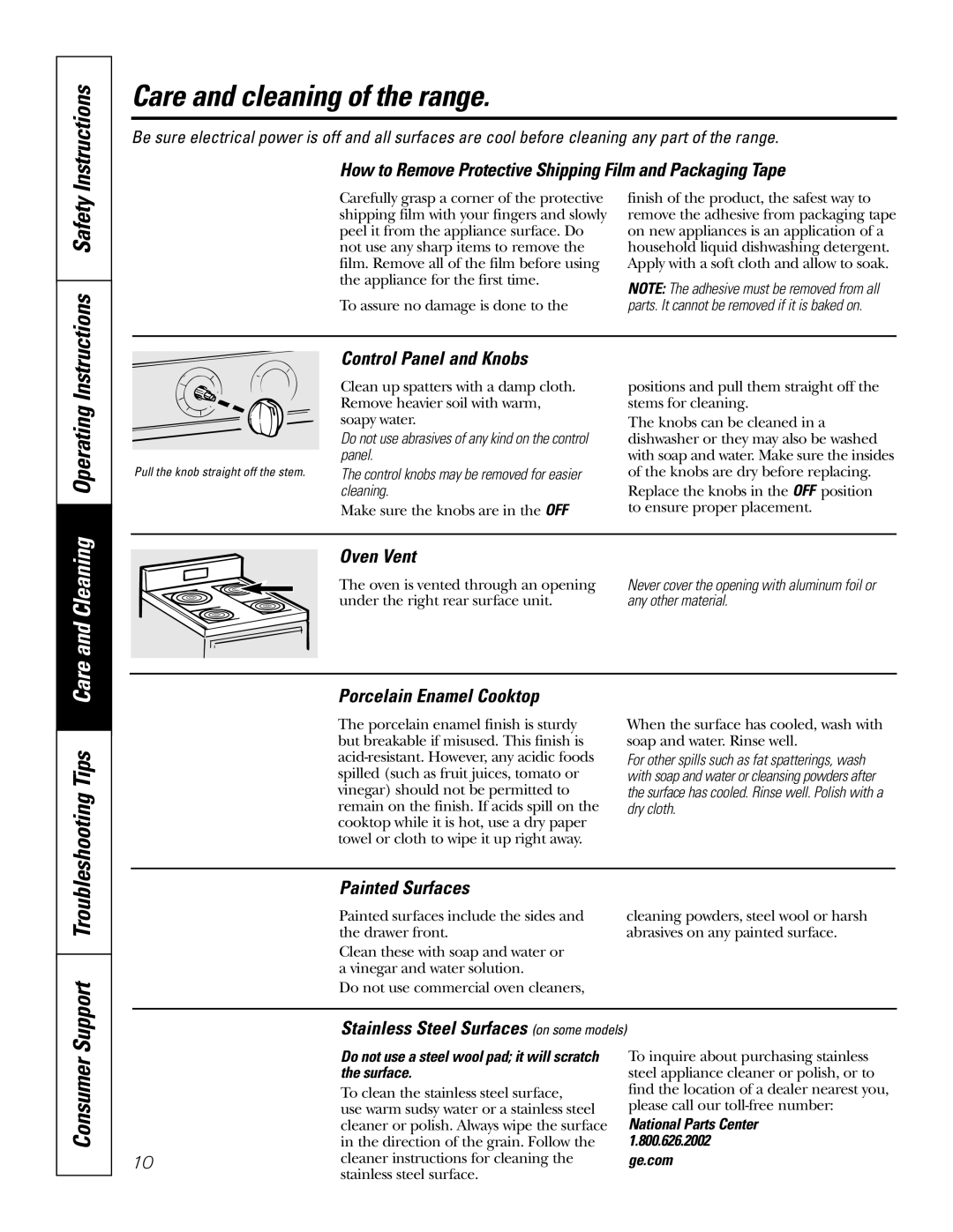 GE JMS08 owner manual Care and cleaning of the range, Operating 