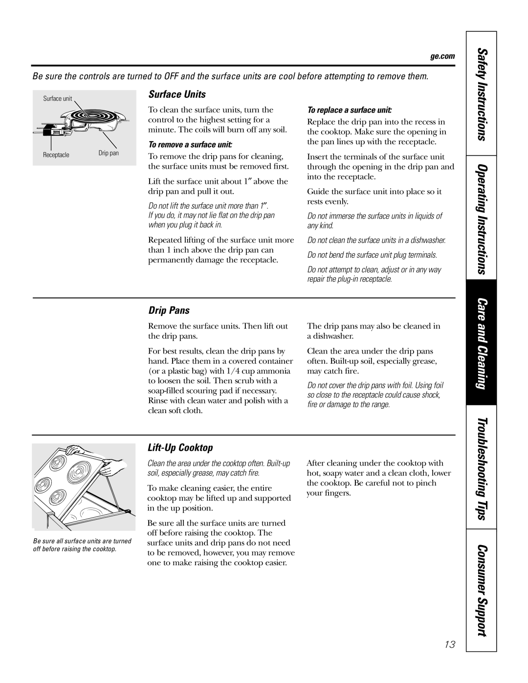 GE JMS08 owner manual Instructions Operating Instructions, Care and Cleaning, Surface Units, Drip Pans, Lift-Up Cooktop 