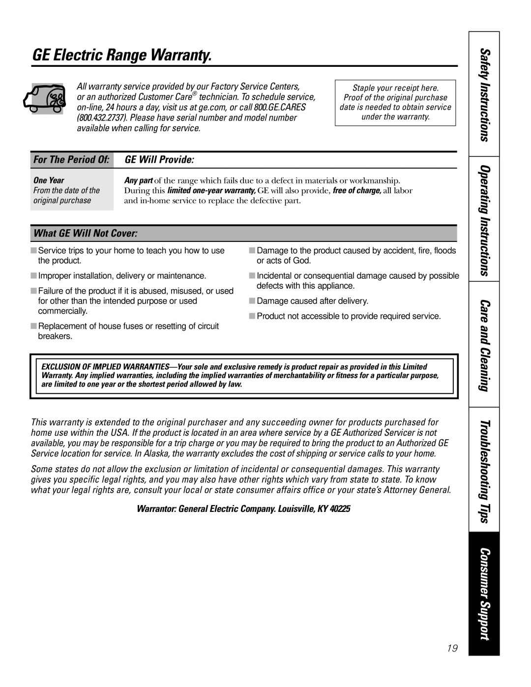 GE JMS08 owner manual GE Electric Range Warranty, Care, Cleaning Troubleshooting Tips Consumer Support, GE Will Provide 