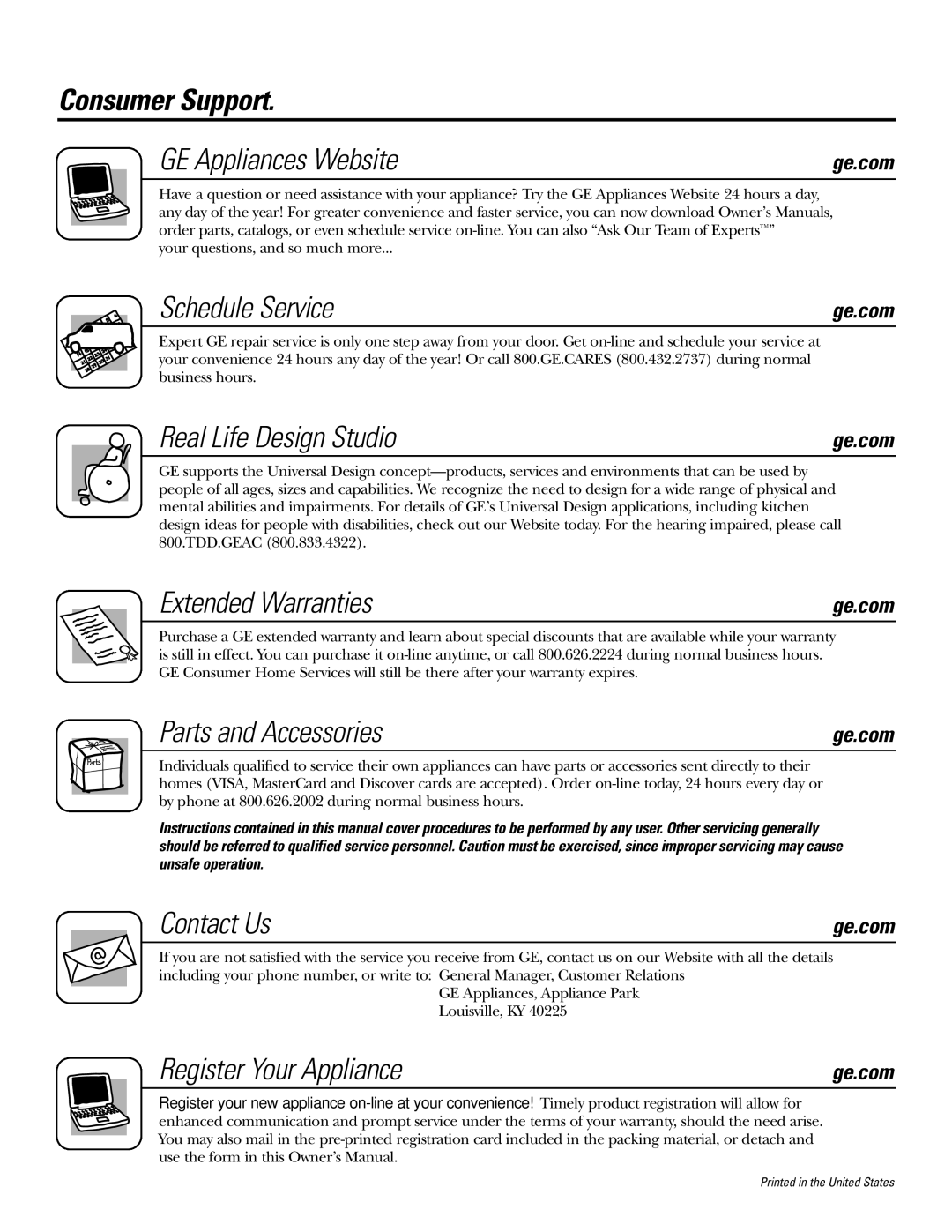 GE JMS08 Consumer Support GE Appliances Website, Schedule Service, Real Life Design Studio, Extended Warranties 